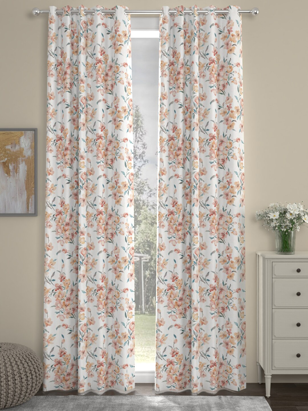 

ROSARA HOME White & Orange Set of 2 Floral Long Door Curtain