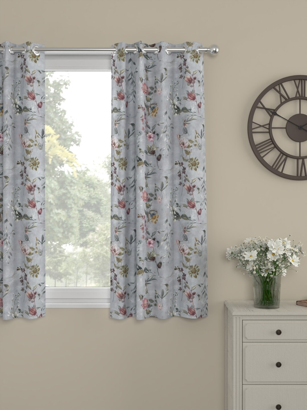 

ROSARA HOME Grey & Brown Floral Window Curtain