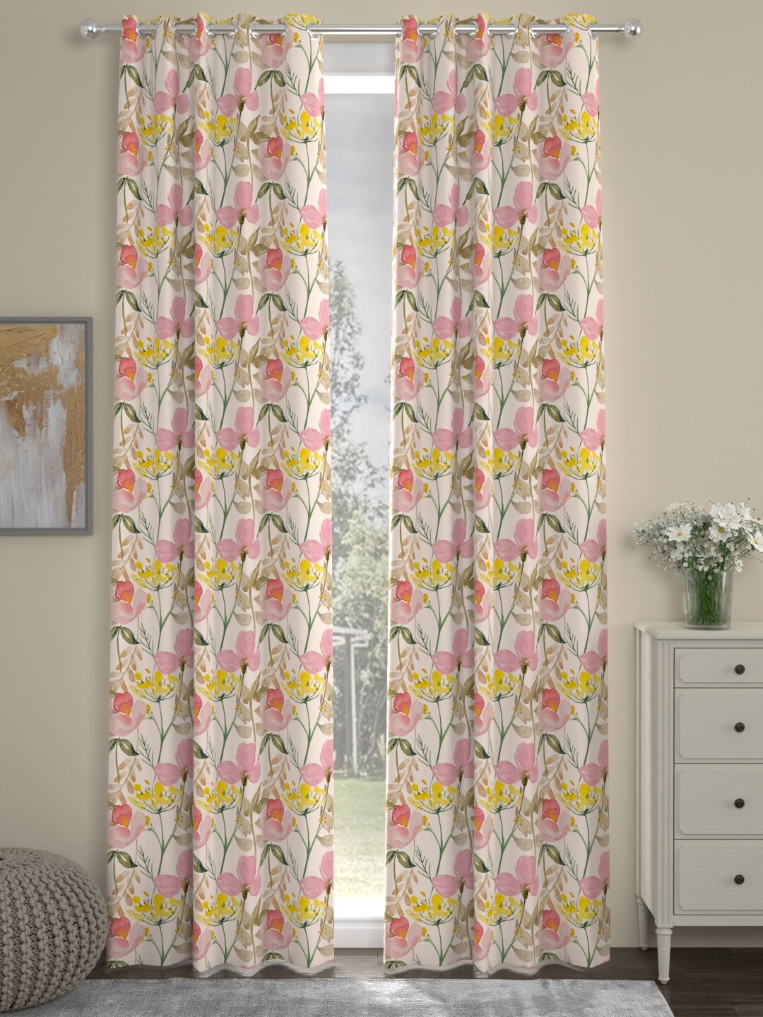 

ROSARA HOME Cream-Coloured & Pink Set of 2 Floral Door Curtain