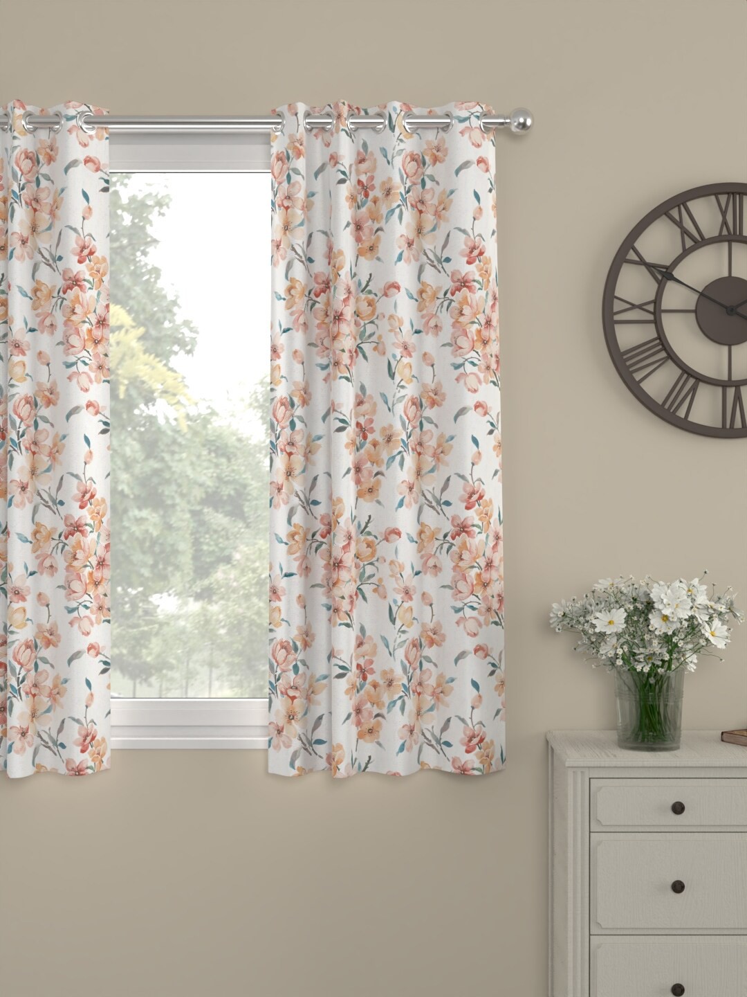 

ROSARA HOME White & Orange Floral Window Curtain
