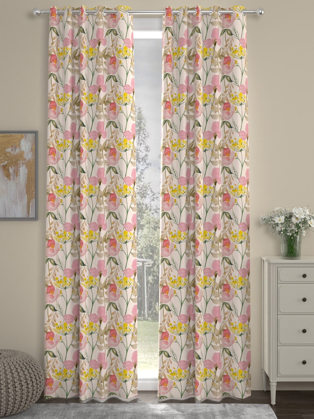 

ROSARA HOME Cream-Coloured & Pink Set of 2 Floral Long Door Curtain