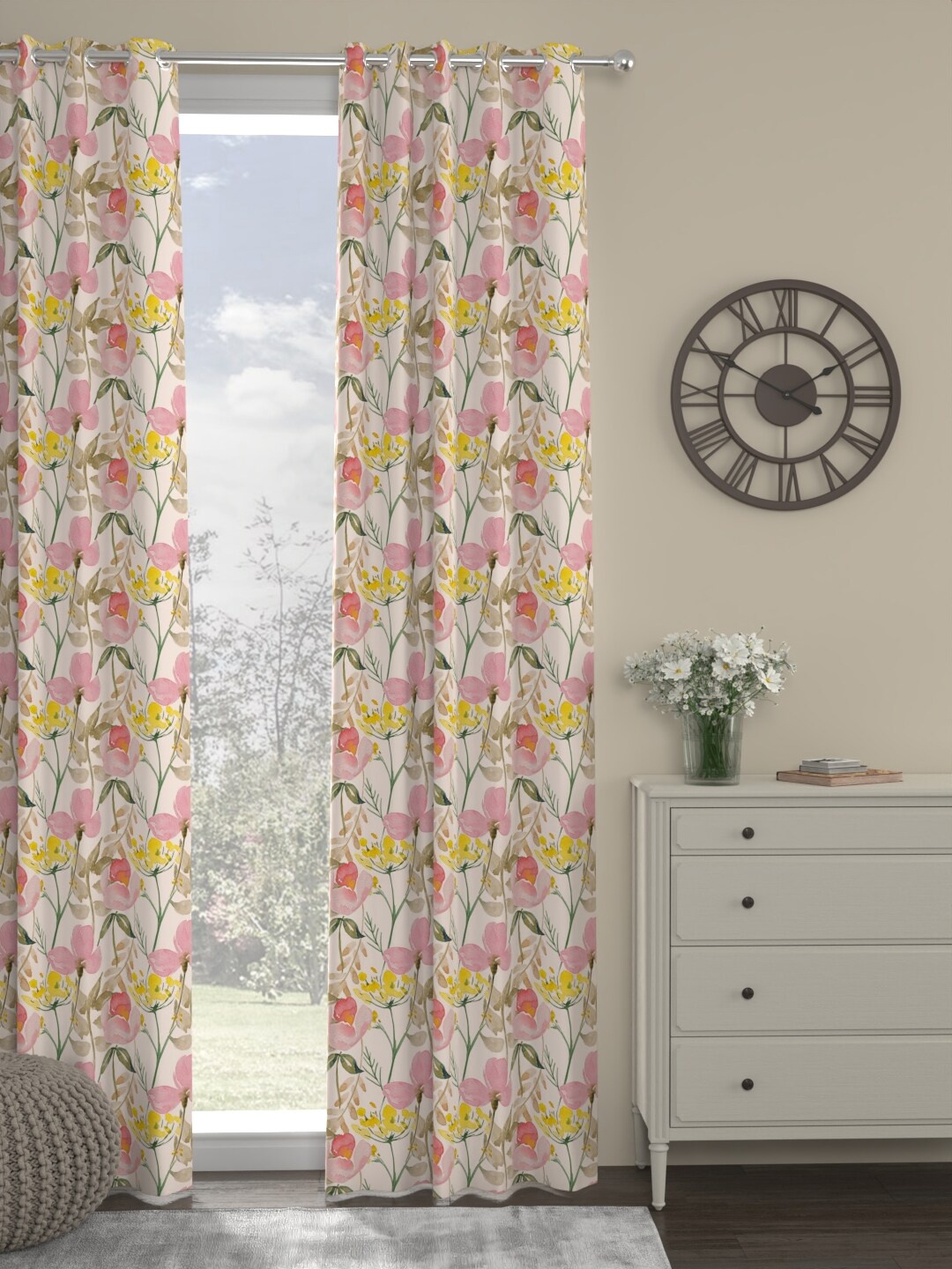 

ROSARA HOME Cream-Coloured & Pink Floral Long Door Curtain