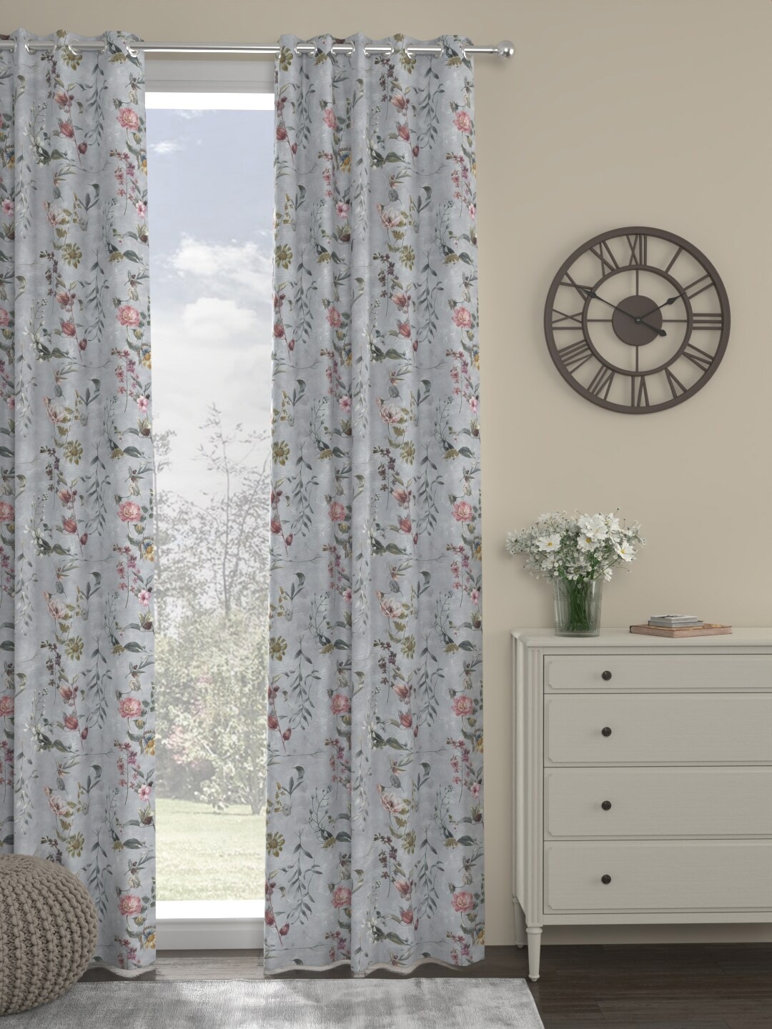

ROSARA HOME Grey & Pink Floral Long Door Curtain