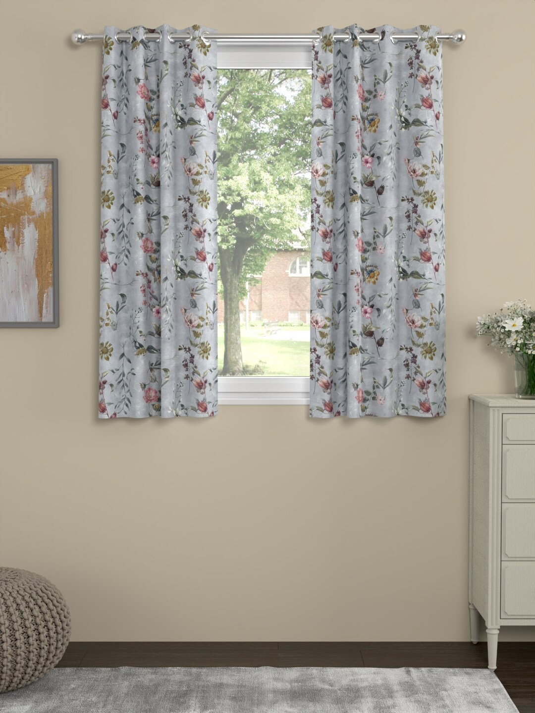 

ROSARA HOME Grey & Pink Set of 2 Floral Window Curtain