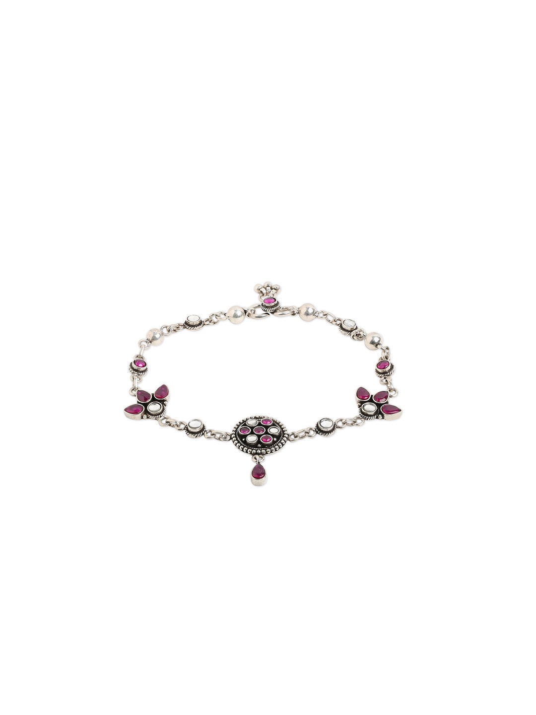 

ahilya 925 Sterling Silver Silver-Plated White & Red Stone-Studded Anklet