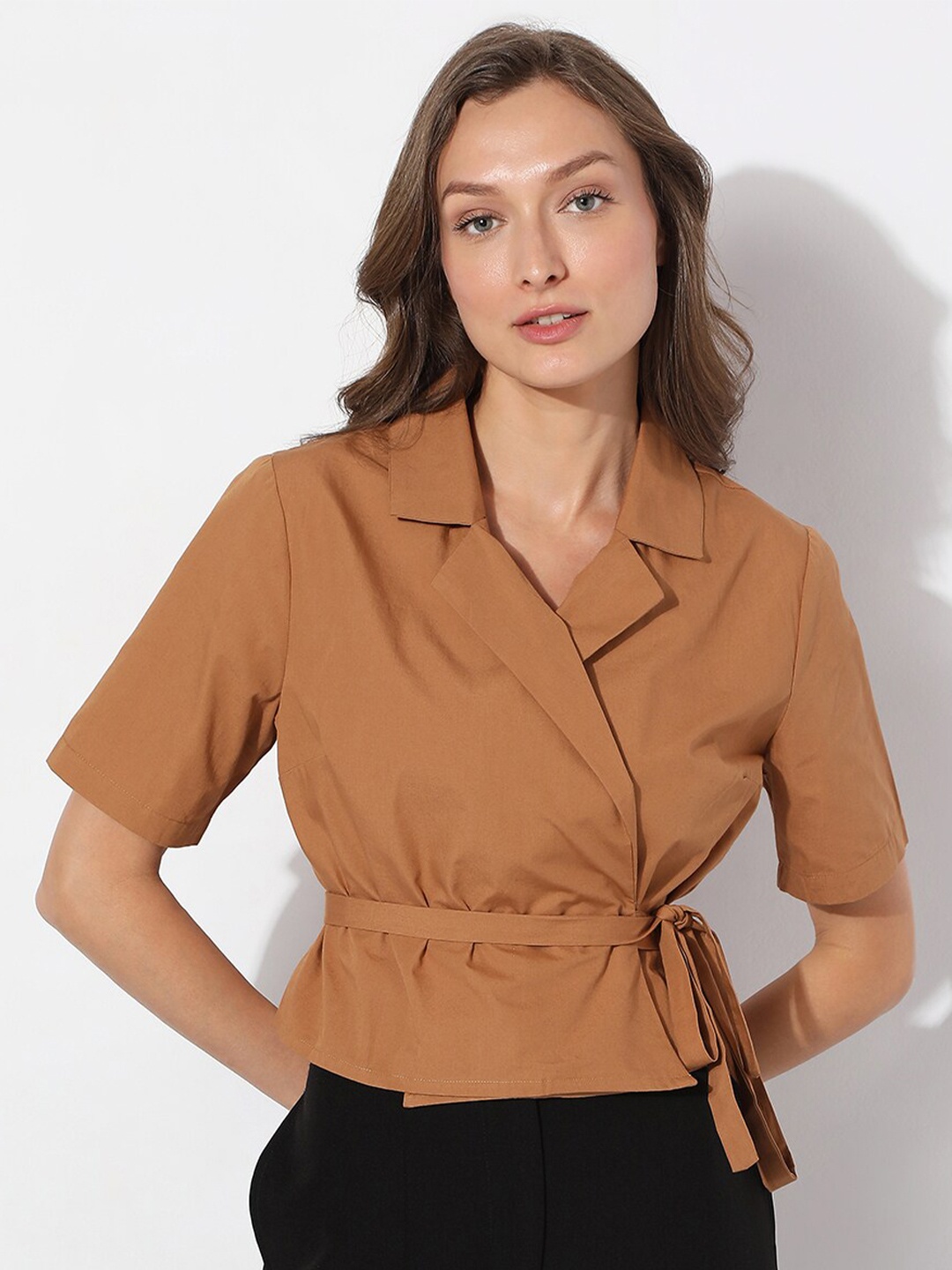 

Vero Moda Brown Wrap Notched Lapel Collar Uex Nm Loone SS Crop Top