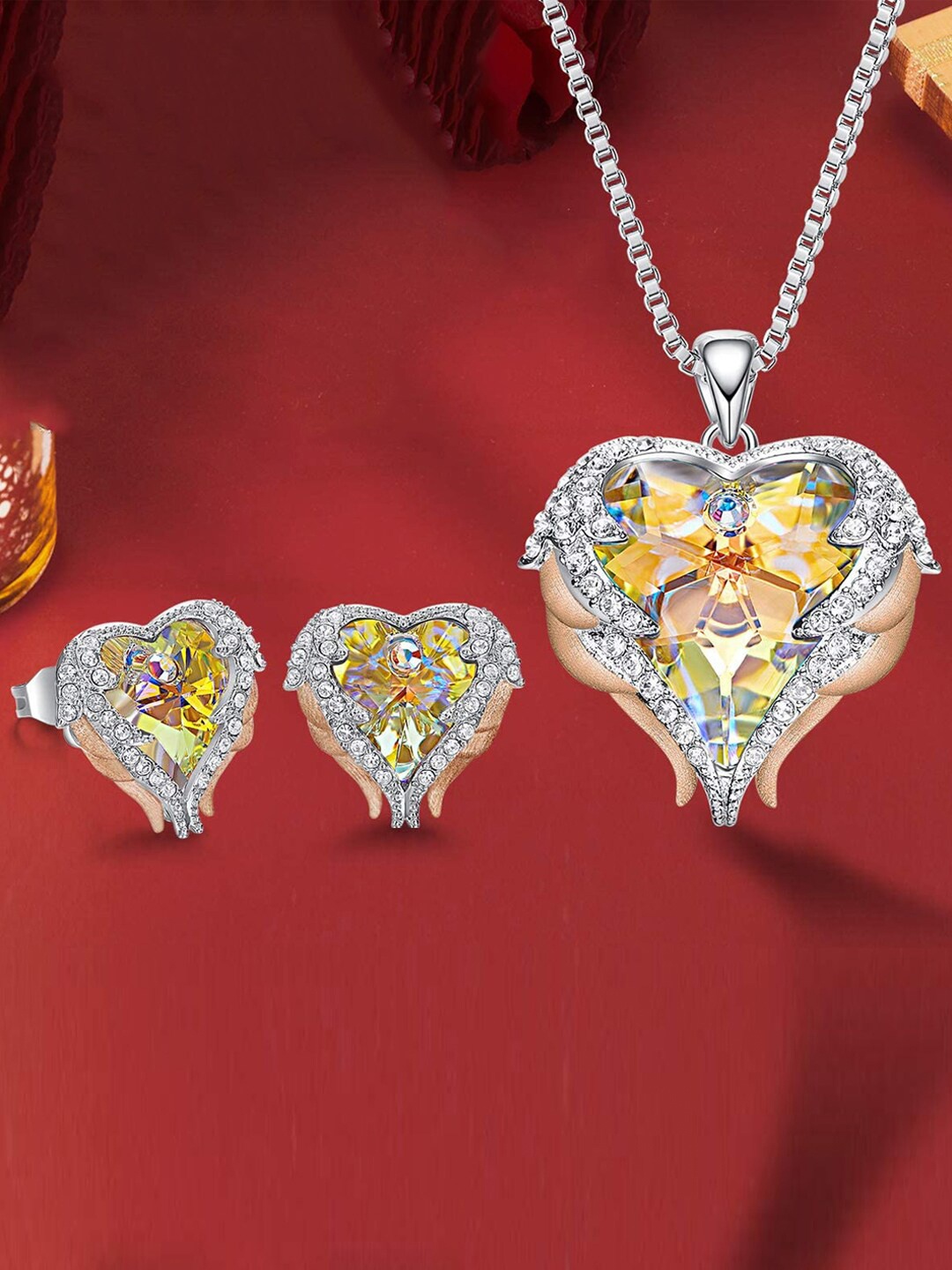 

Young & Forever Yellow & Rose Gold Angel Wing Love Heart Jewellry Set