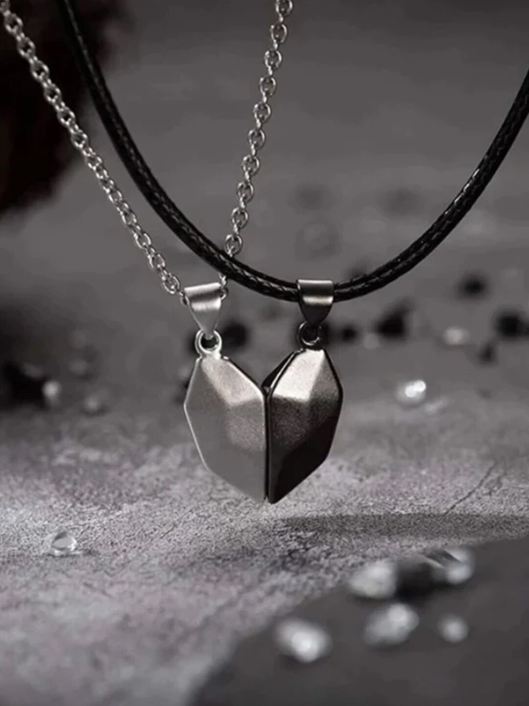 

Young & Forever Set of 2 Black Leather Silver-Plated Heart Pendant Necklace