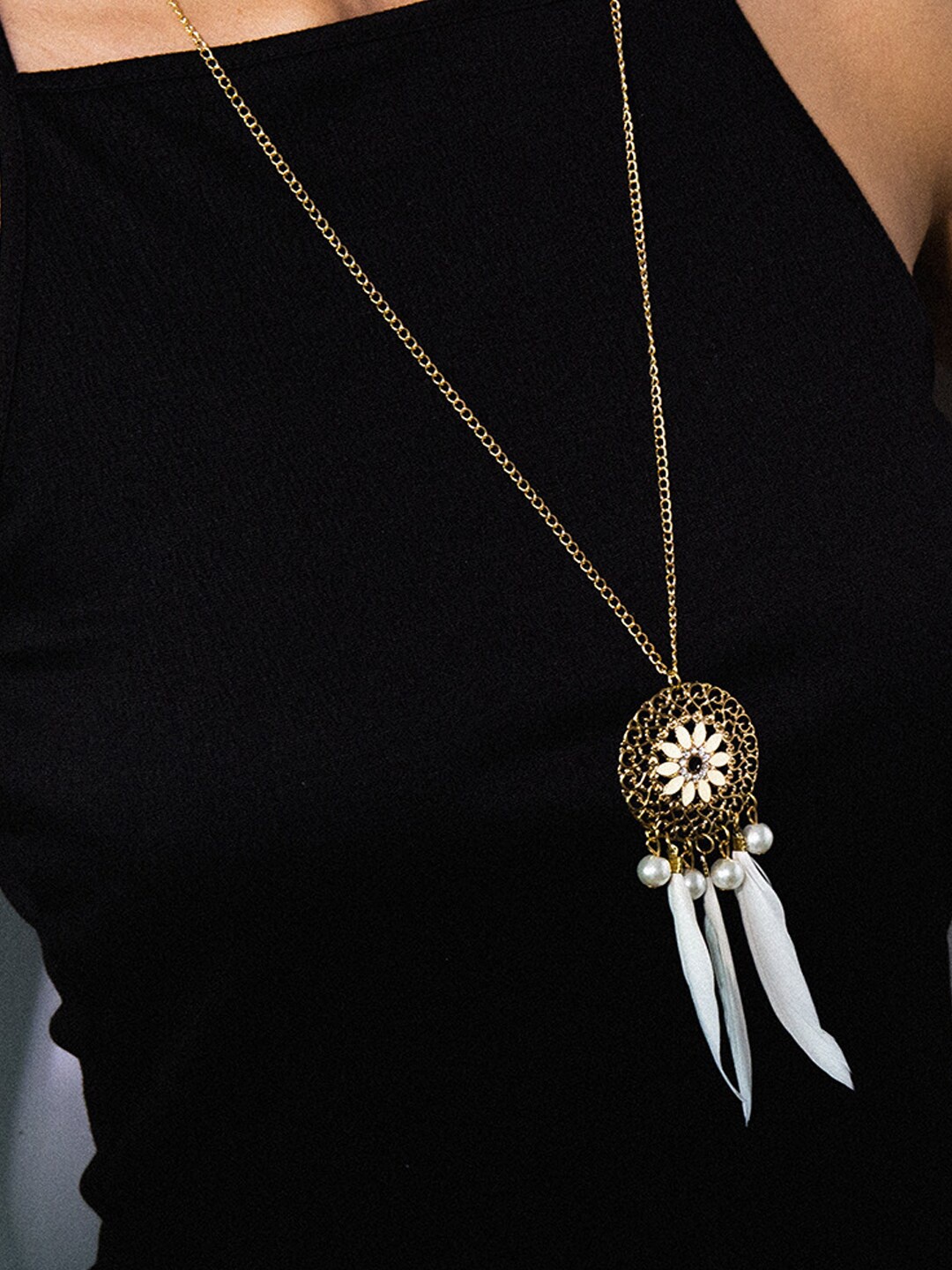 

Young & Forever Women White Feathers Pearl CZ Gold-Plated Dreamcatcher Pendant Necklace