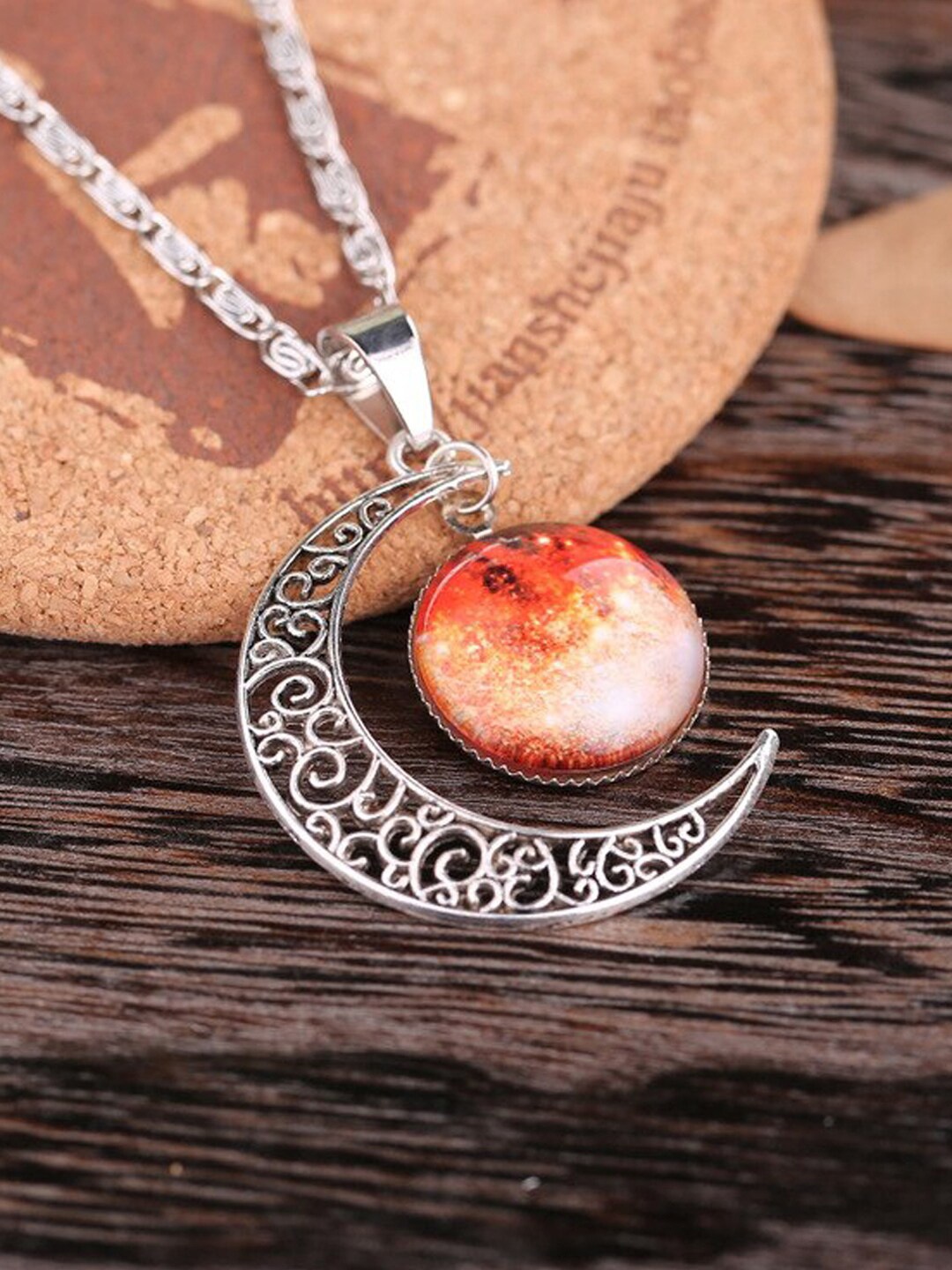 

Young & Forever Women Peach-Coloured Moon Resin Silver-Plated Necklace