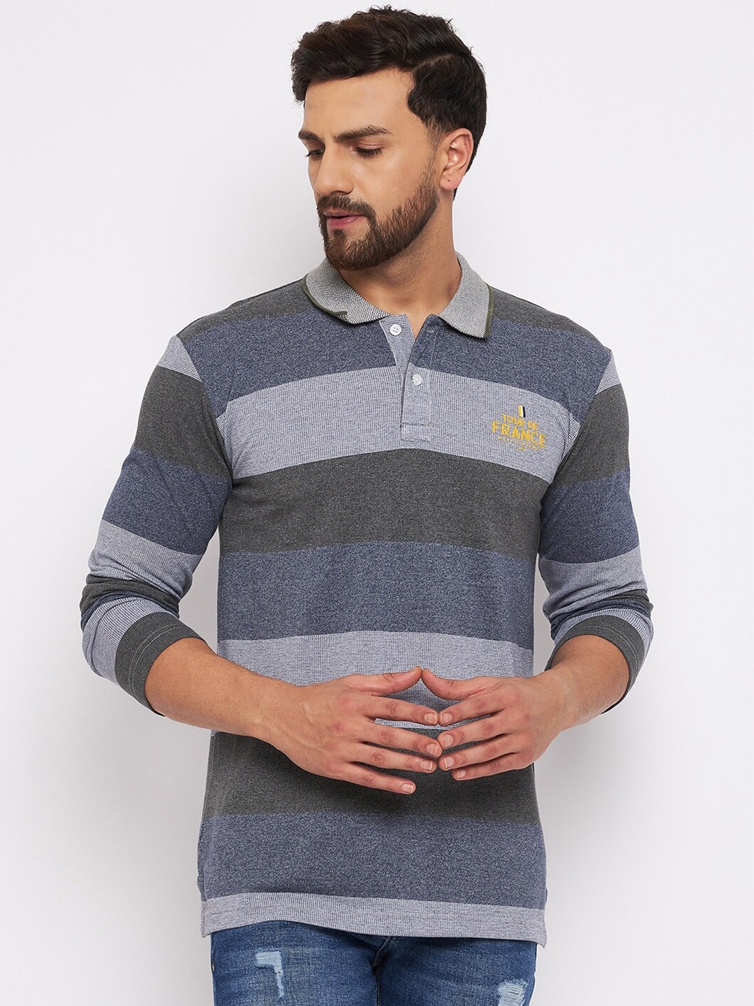 

Duke Men Grey & Blue Cotton Striped Polo Collar T-shirt