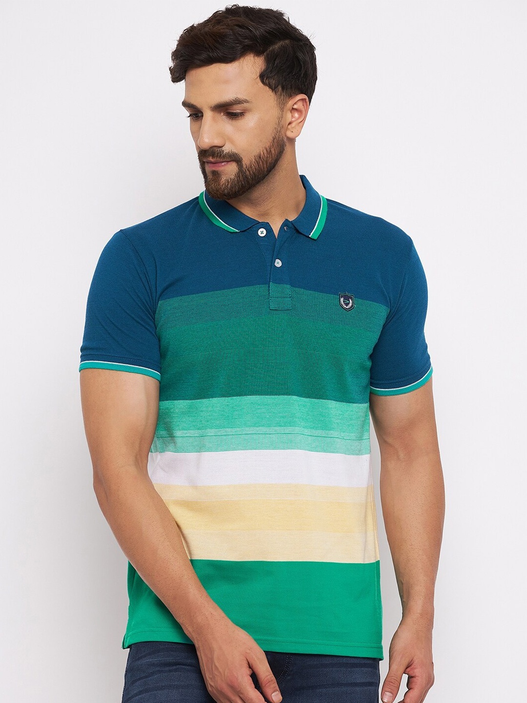 

Duke Men Green & Blue Cotton Colourblocked Polo Collar T-shirt