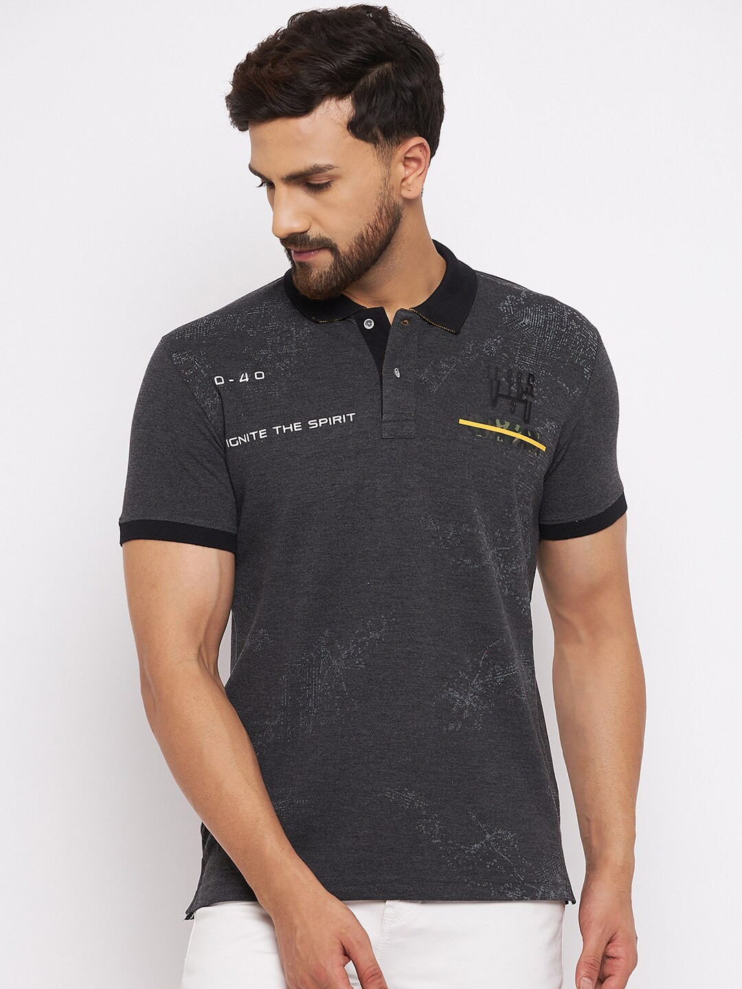 

Duke Men Grey Cotton Typography Printed Polo Collar T-shirt