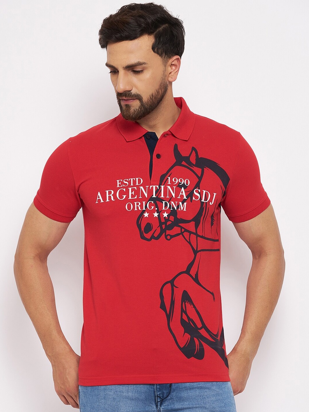 

Duke Men Red Cotton Printed Polo Collar T-shirt