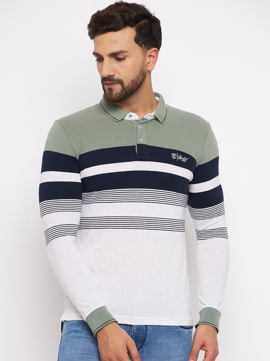 

Duke Men Olive Green & Navy Blue Cotton Striped Polo Collar T-shirt