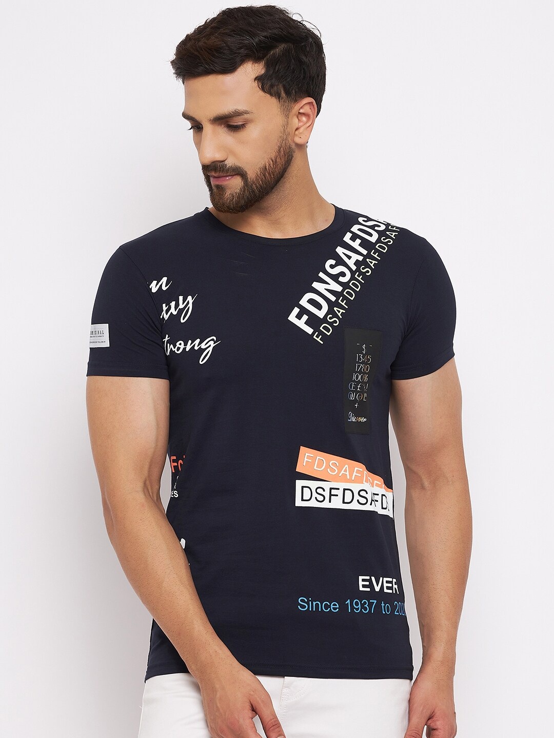 

Duke Men Blue Cotton Typography Printed Slim Fit T-shirt