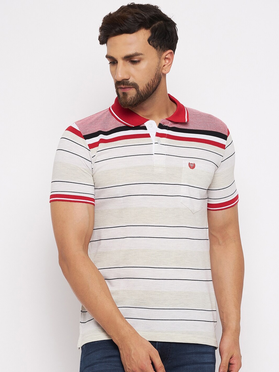 

Duke Men Off White & Red Cotton Striped Polo Collar T-shirt