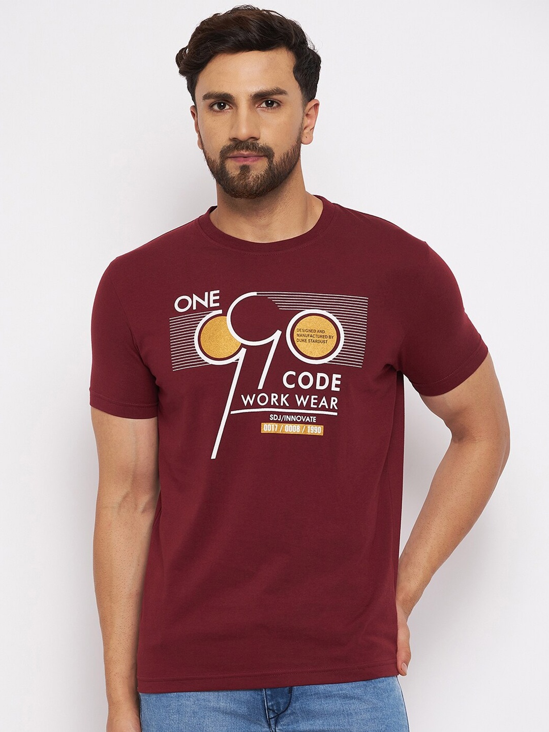 

Duke Men Maroon Cotton Typography Printed T-shirt