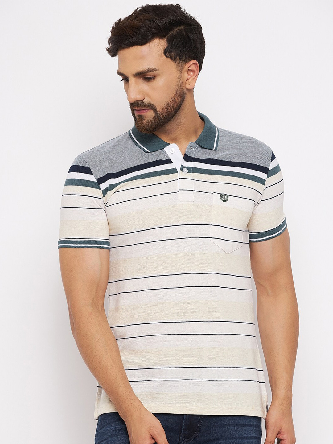 

Duke Men Off White & Grey Cotton Striped Polo Collar T-shirt
