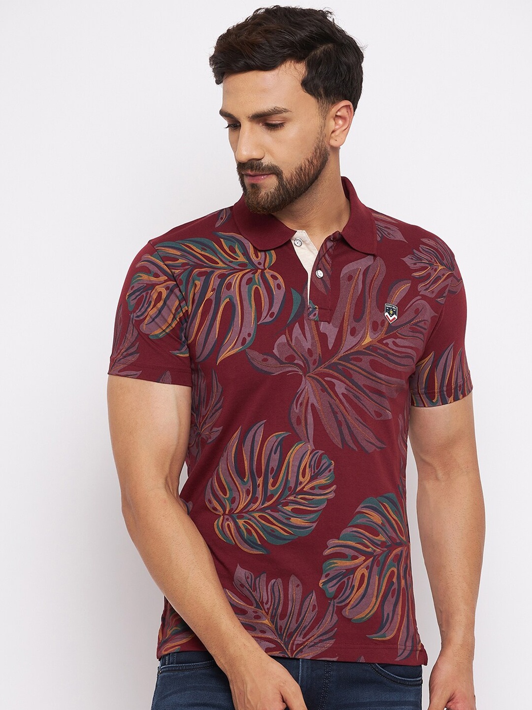 

Duke Men Maroon Cotton Floral Printed Polo Collar Tropical T-shirt