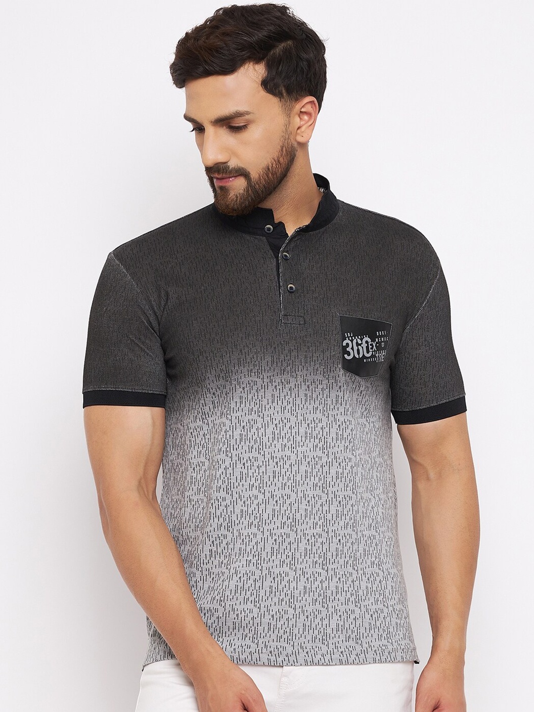 

Duke Men Grey Printed Mandarin Collar Applique Slim Fit T-shirt