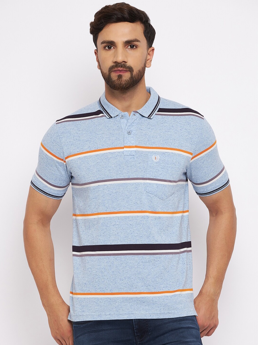 

Duke Men Blue Cotton Striped Polo Collar T-shirt