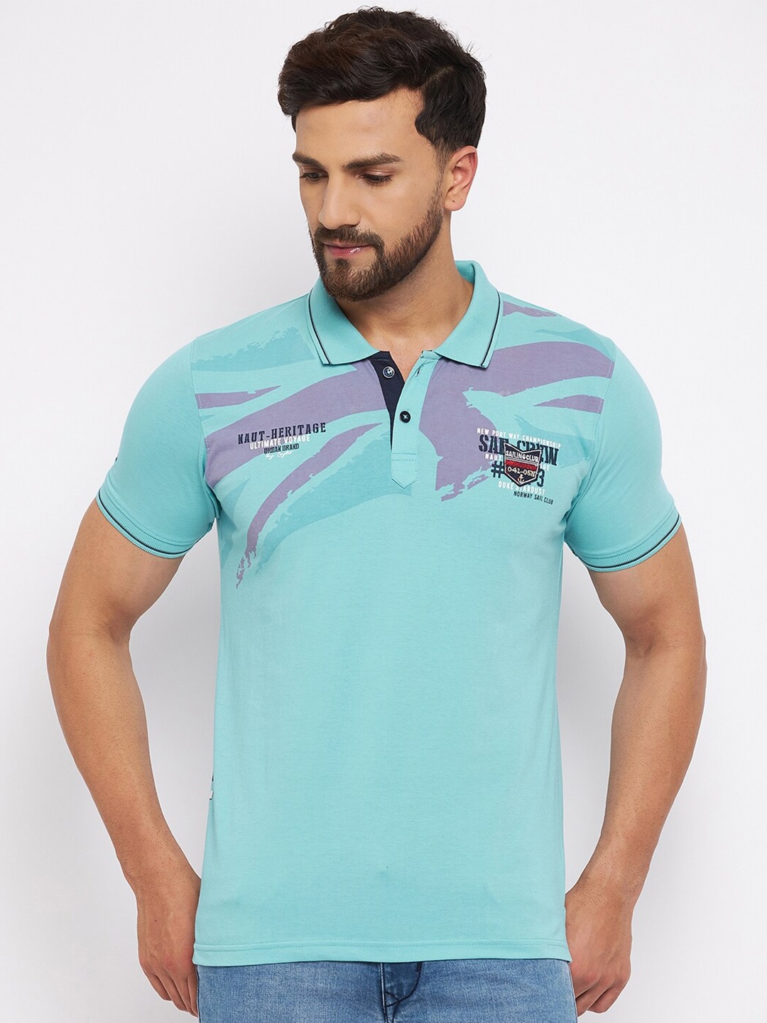 

Duke Men Blue Cotton Typography Printed Polo Collar T-shirt