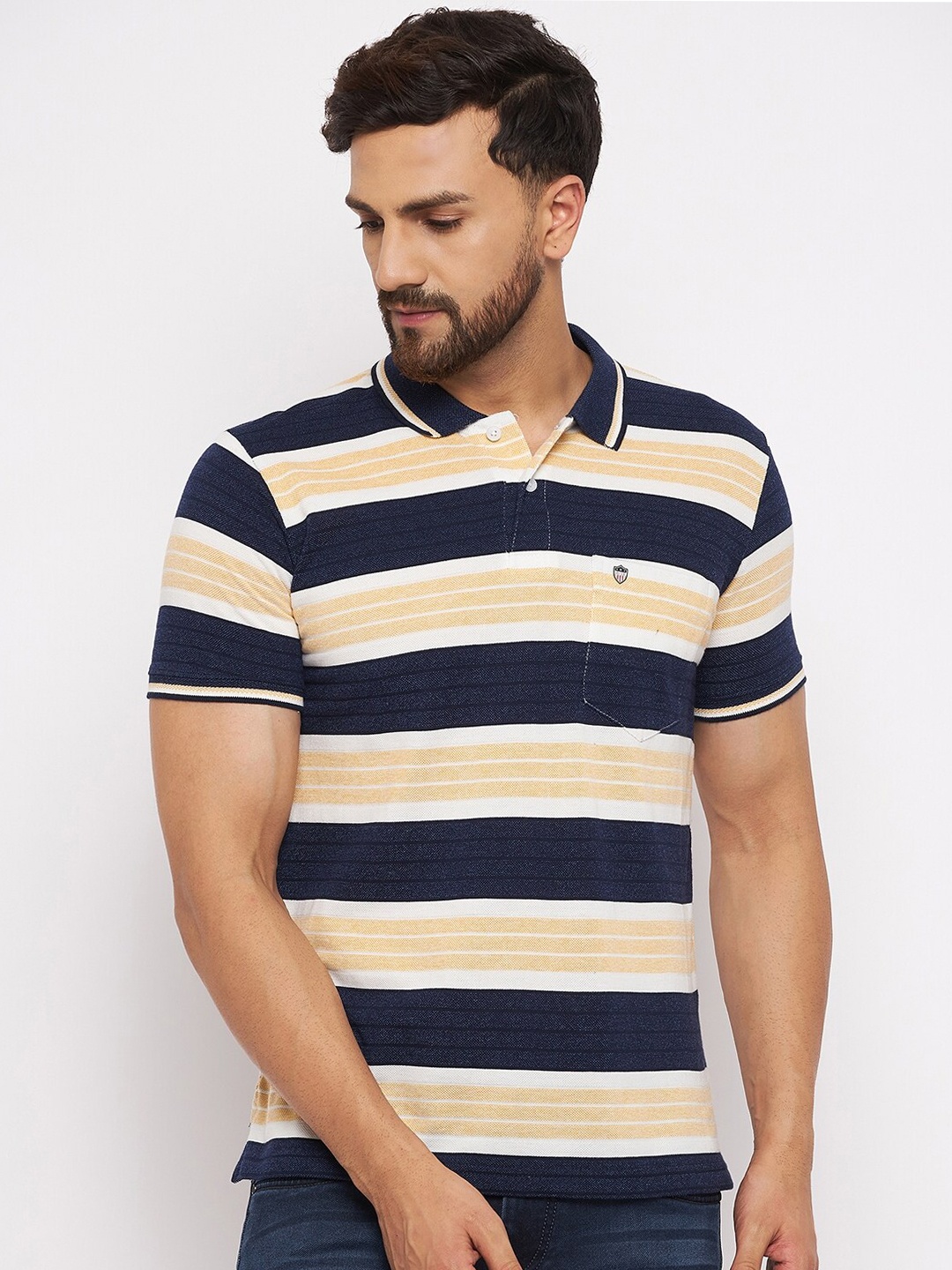 

Duke Men Navy Blue & Yellow Cotton Striped Polo Collar T-shirt