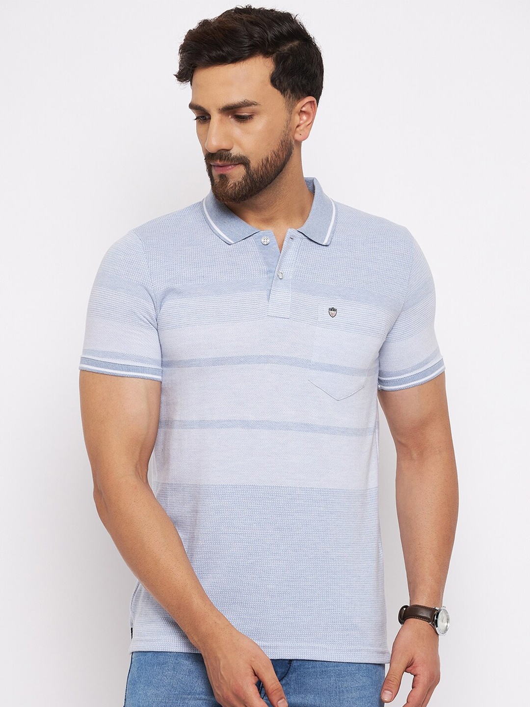 

Duke Men Blue Cotton Striped Polo Collar T-shirt