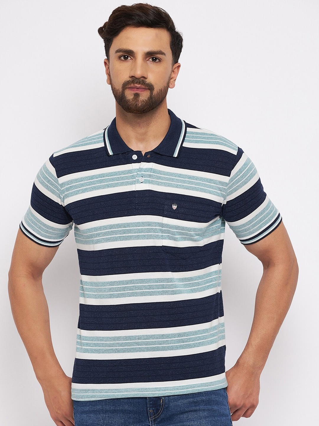 

Duke Men Navy Blue & Blue Cotton Striped Polo Collar T-shirt