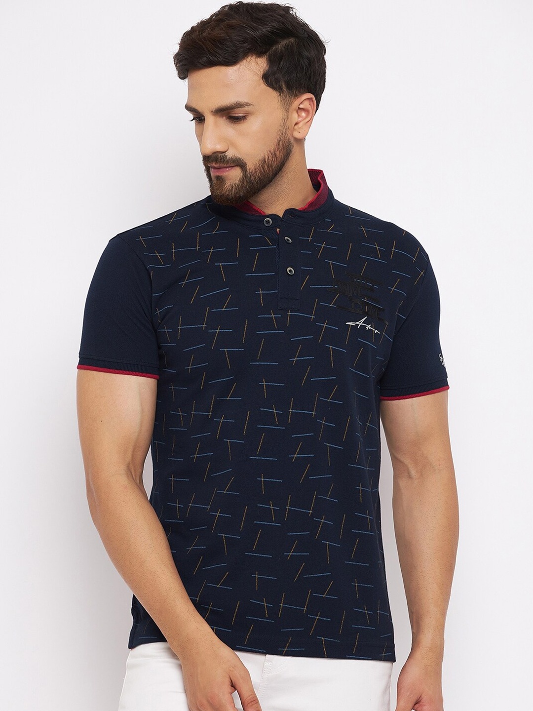 

Duke Men Blue Cotton Printed Mandarin Collar T-shirt