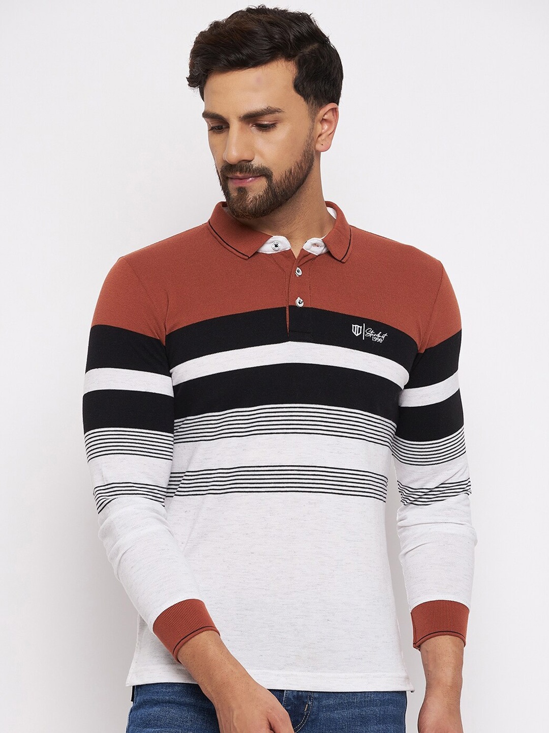 

Duke Men Brown & Black Cotton Striped Polo Collar T-shirt