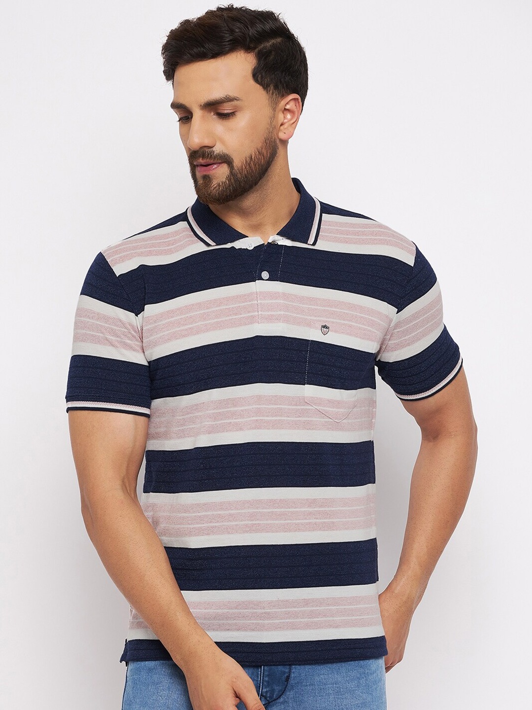 

Duke Men Navy Blue & Pink Cotton Striped Polo Collar T-shirt