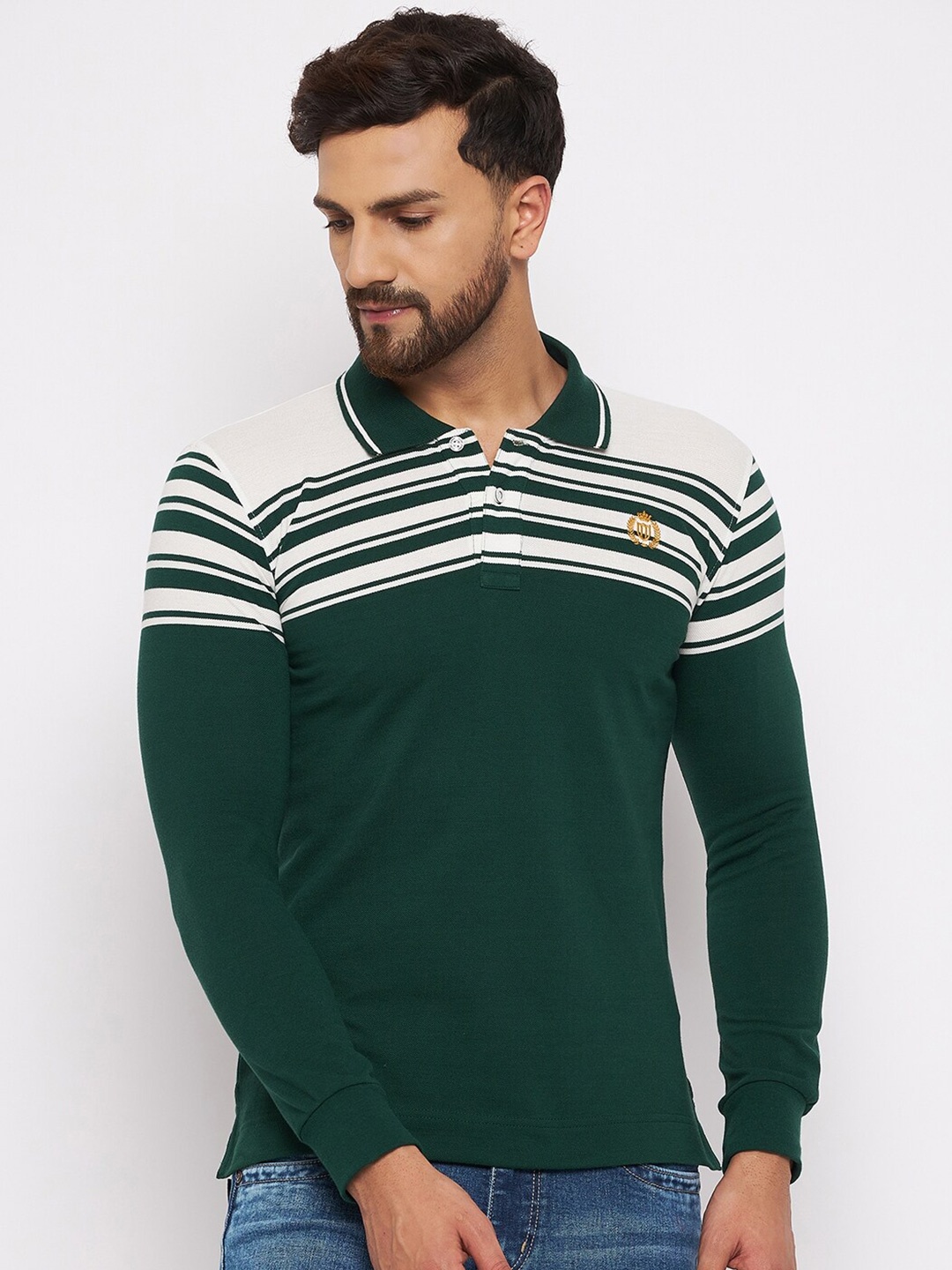 

Duke Men Green & Off White Cotton Striped Polo Collar T-shirt