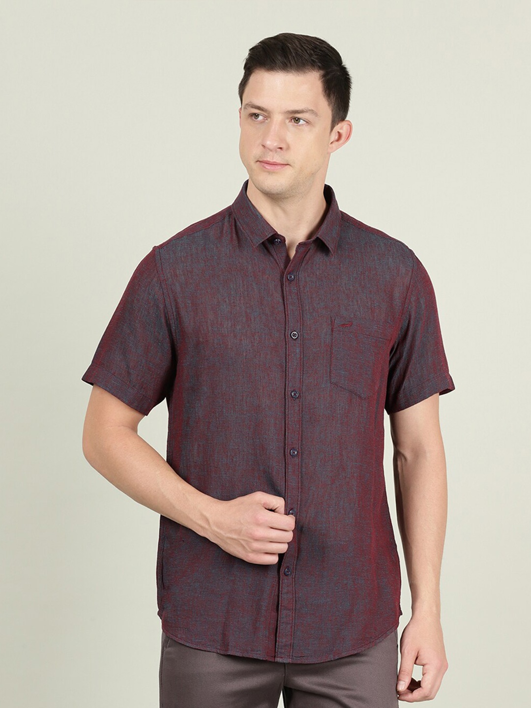 

Crocodile Men Maroon & Blue Self Design Linen Casual Shirt