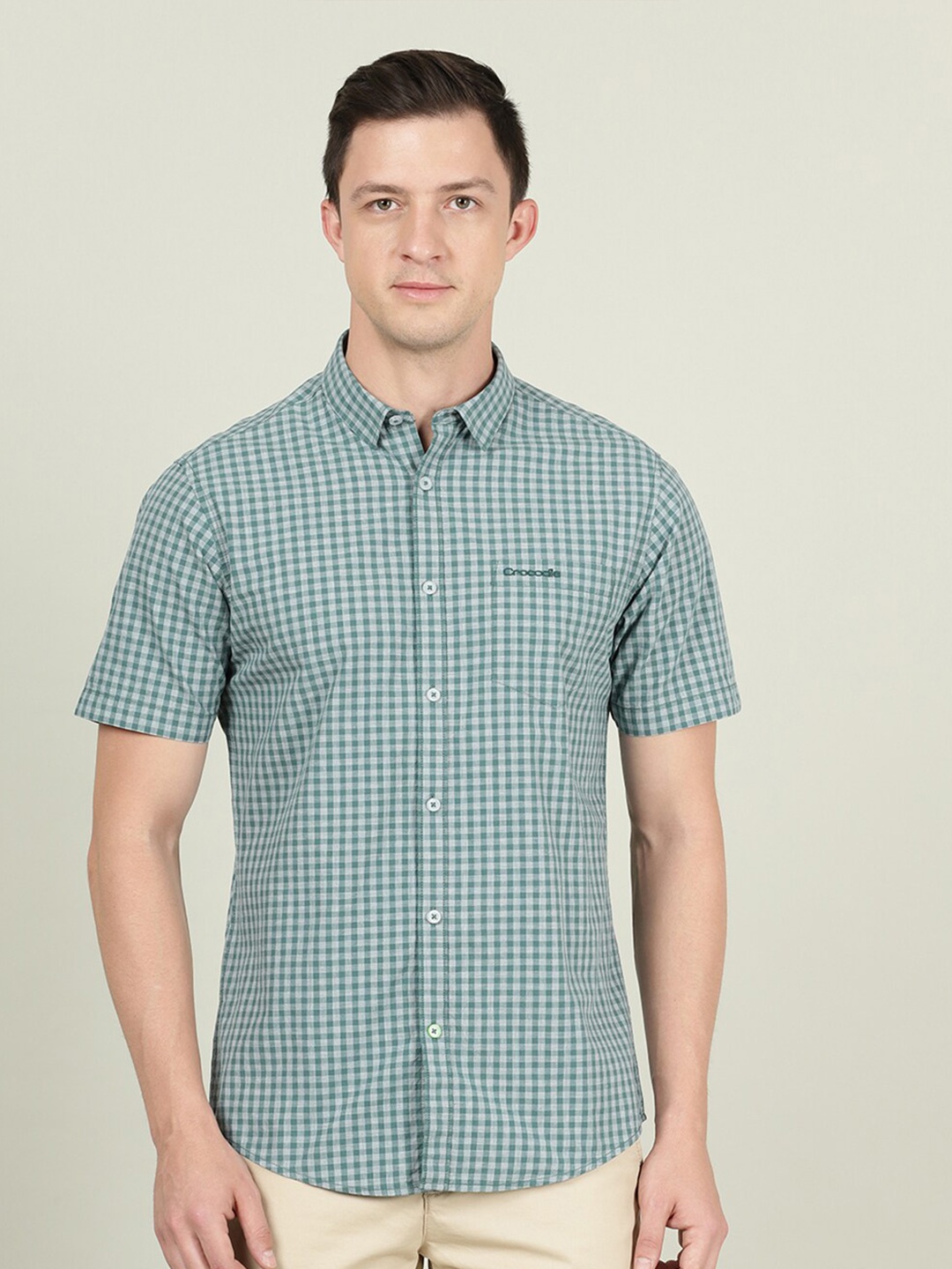 

Crocodile Checked Cotton Casual Shirt, Sea green