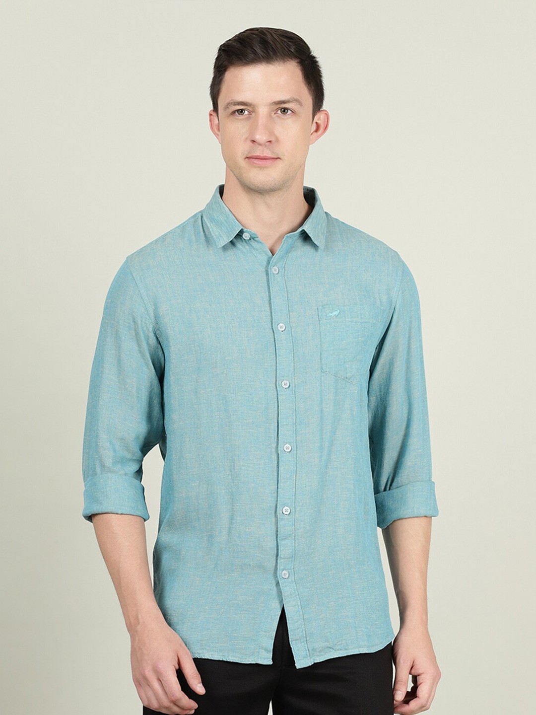 

Crocodile Men Sea Green Solid Linen Casual Shirt