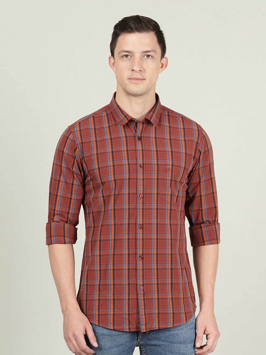

Crocodile Men Rust & Orange Checked Cotton Casual Shirt