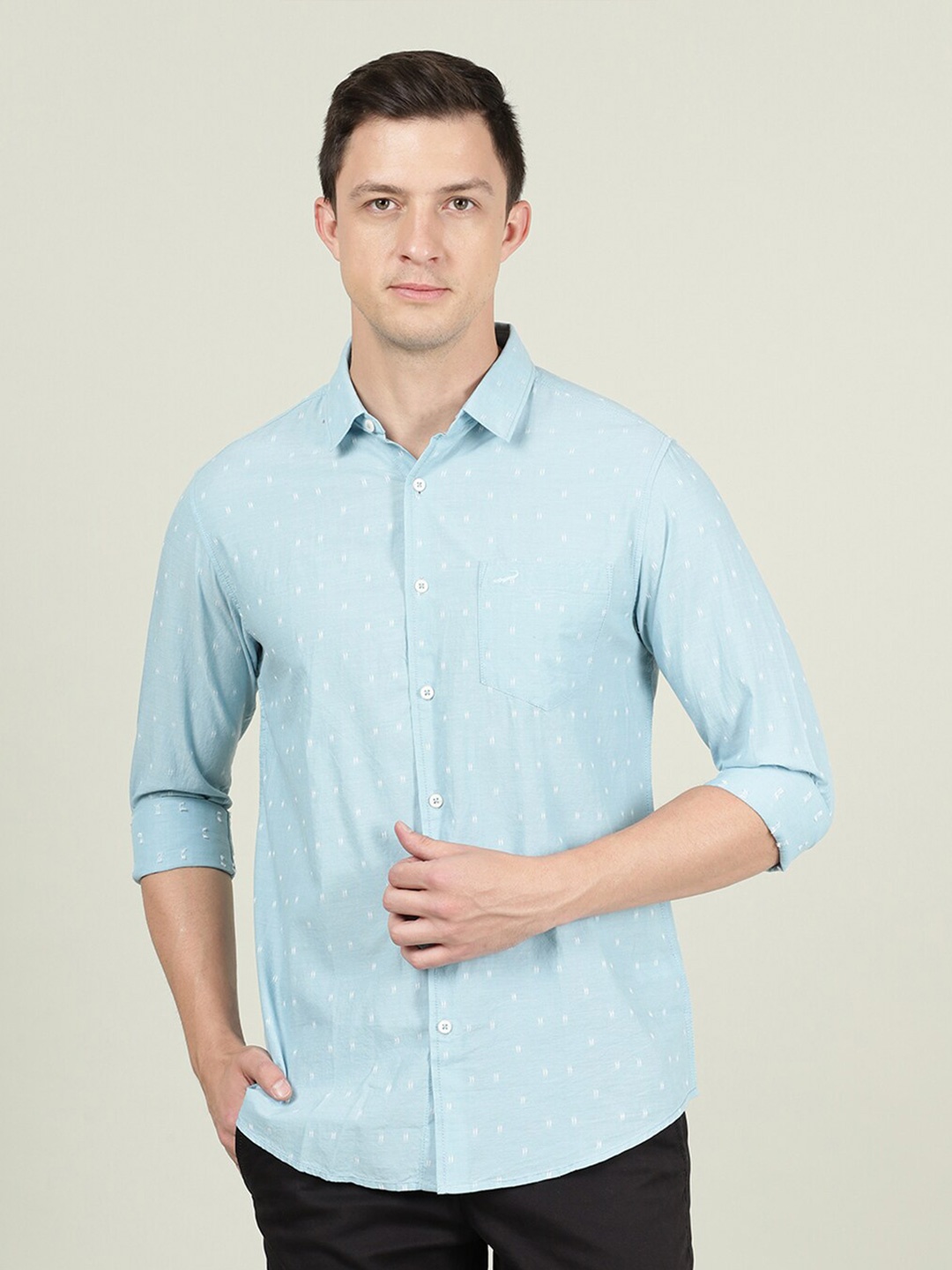 

Crocodile Men Turquoise Blue Printed Cotton Casual Shirt
