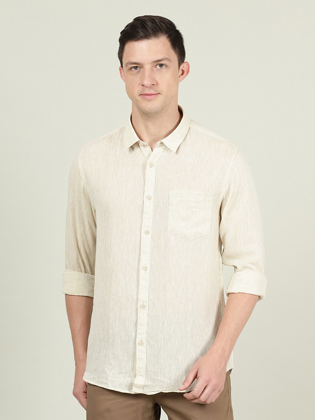 

Crocodile Men Beige Solid Linen Casual Shirt