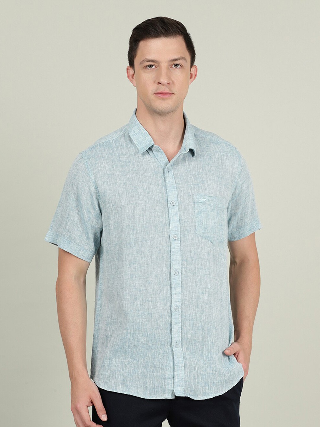 

Crocodile Self Design Linen Casual Shirt, Sea green