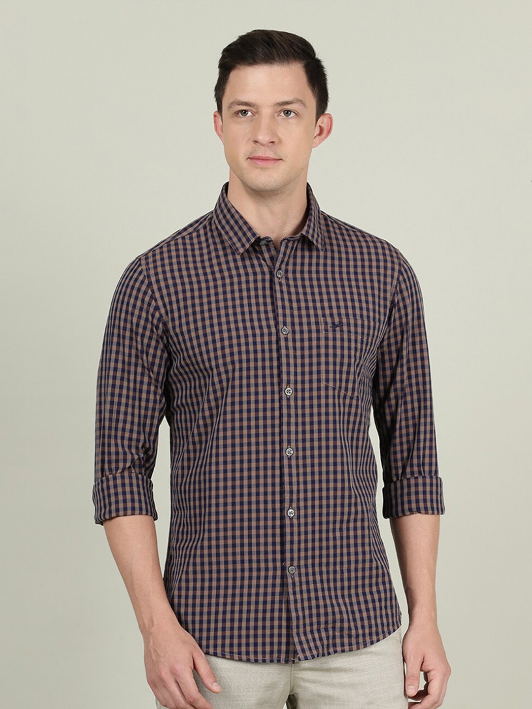 

Crocodile Men Navy Blue & Brown Checked Cotton Casual Shirt