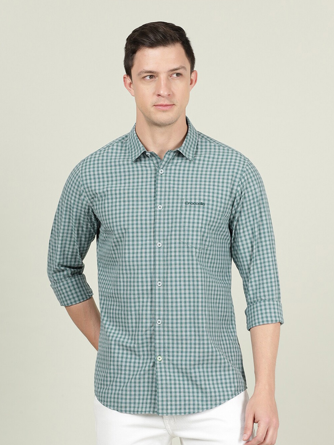 

Crocodile Men Checked Cotton Casual Shirt, Sea green