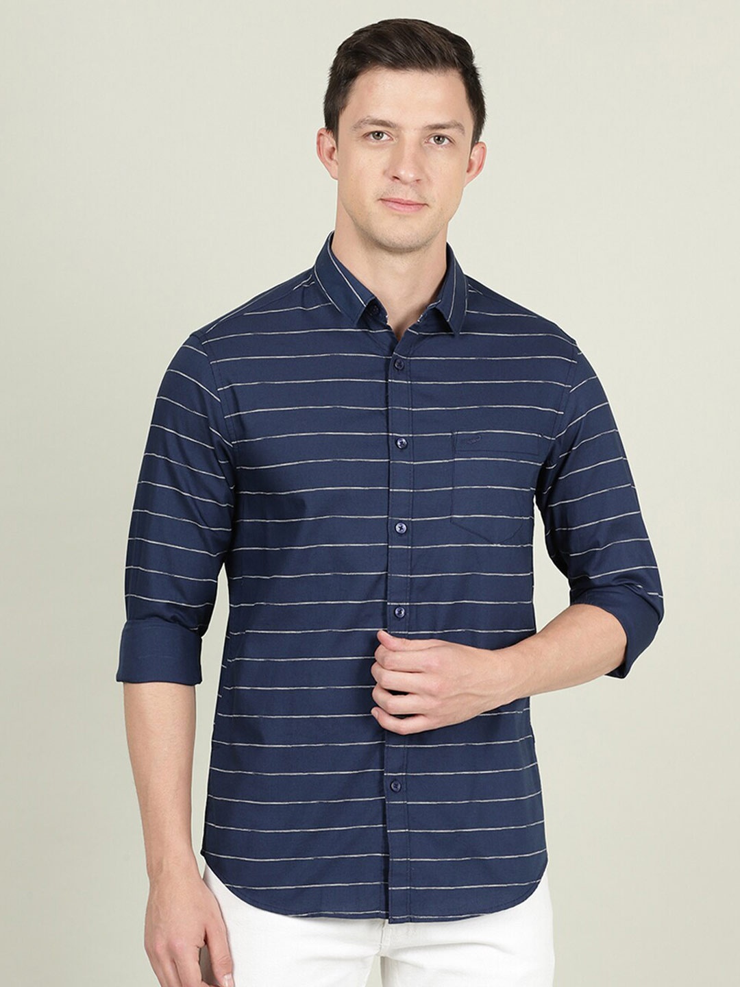 

Crocodile Men Navy Blue & Grey Horizontal Striped Cotton Casual Shirt