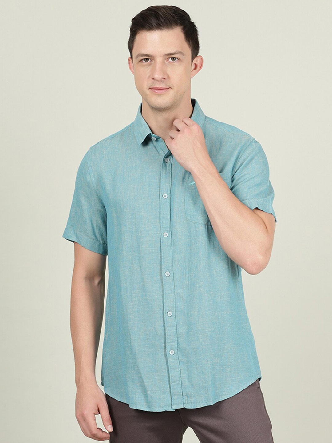 

Crocodile Men Self Design Linen Casual Shirt, Sea green