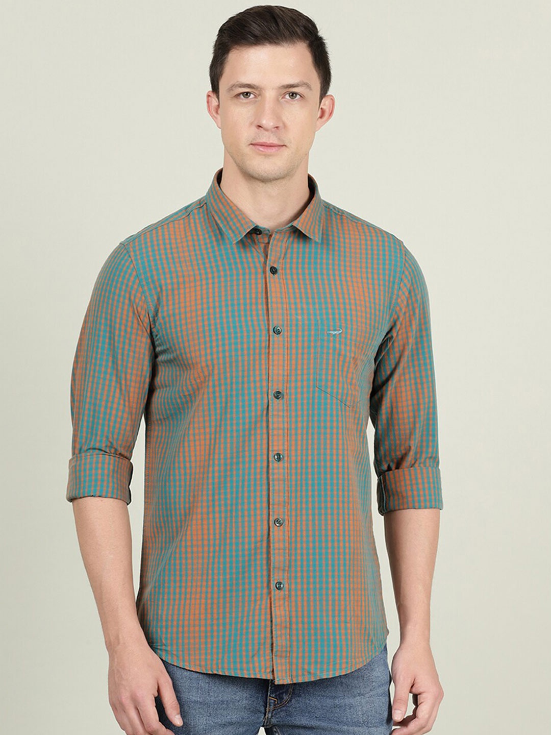 

Crocodile Men Green & Orange Checked Cotton Casual Shirt