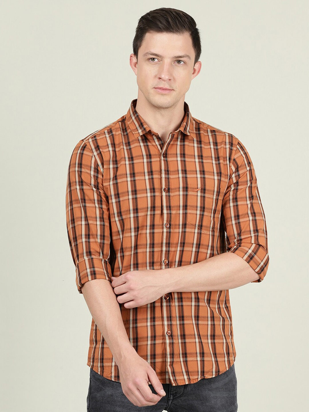 

Crocodile Men Rust & Brown Checked Cotton Casual Shirt