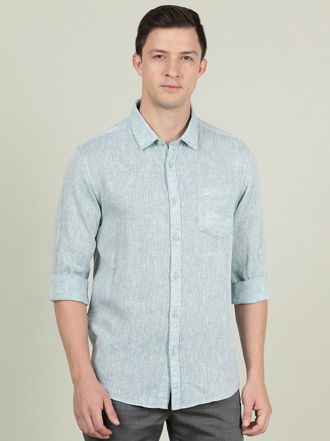 

Crocodile Self Design Linen Casual Shirt, Sea green