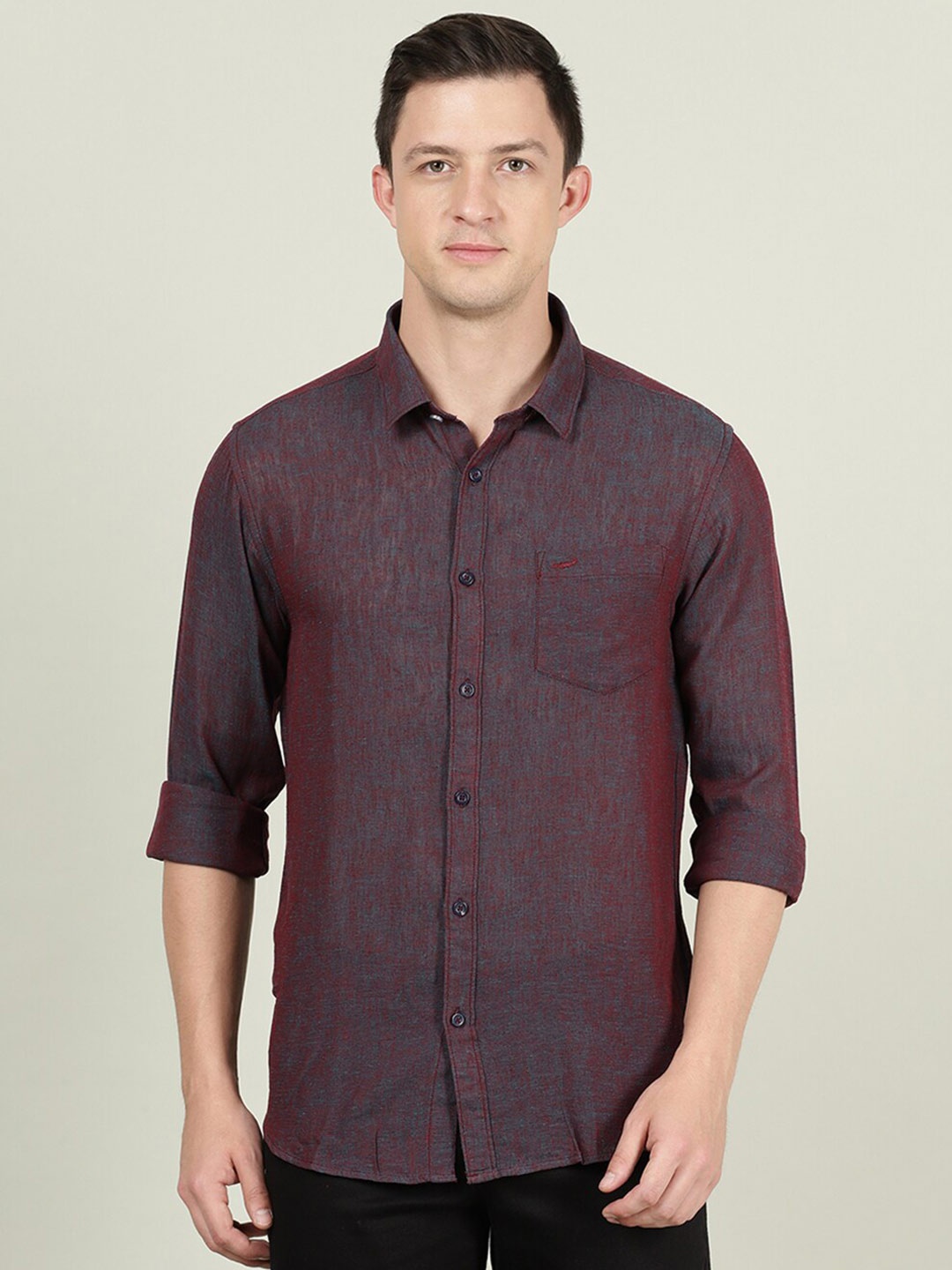 

Crocodile Men Maroon & Blue Self Design Linen Casual Shirt