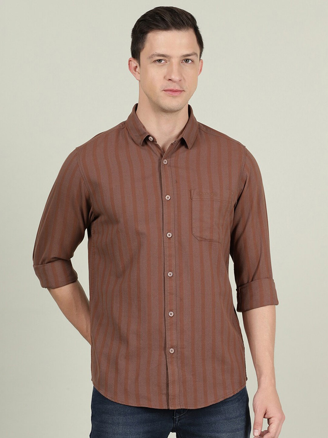 

Crocodile Men Striped Cotton Casual Shirt, Brown